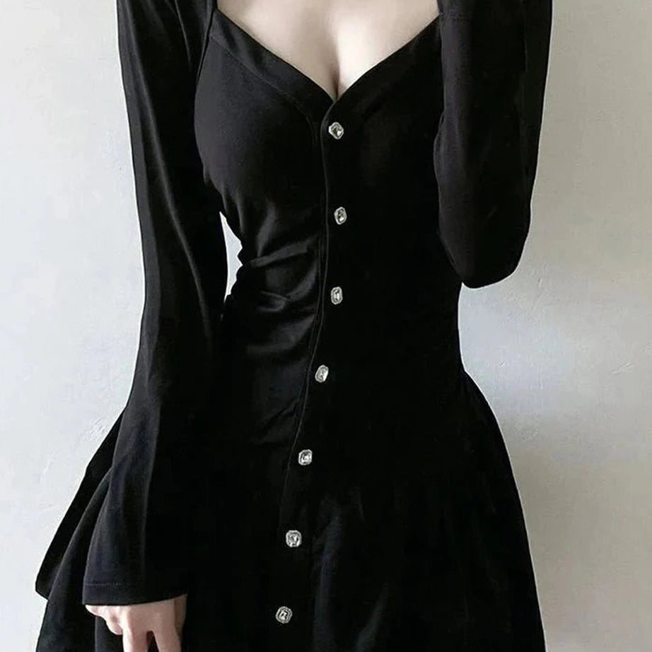 Y2k Square Collar Black Dress