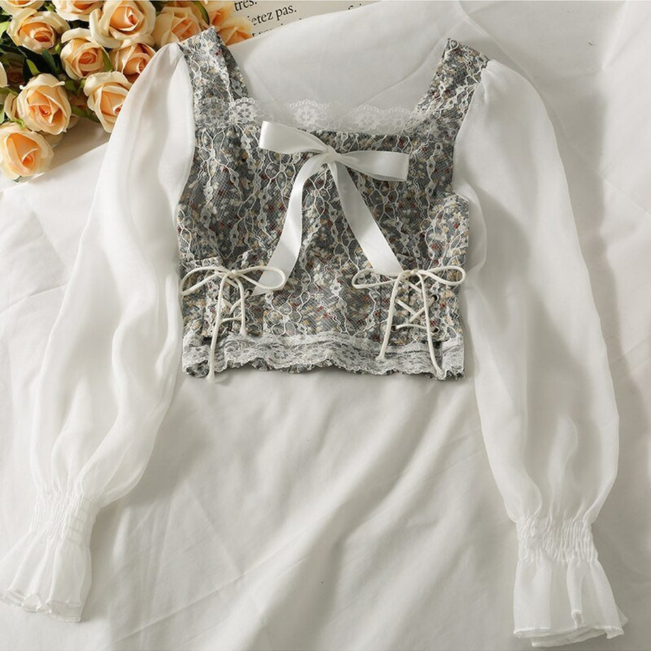 Y2k Square Collar Lace Blouse