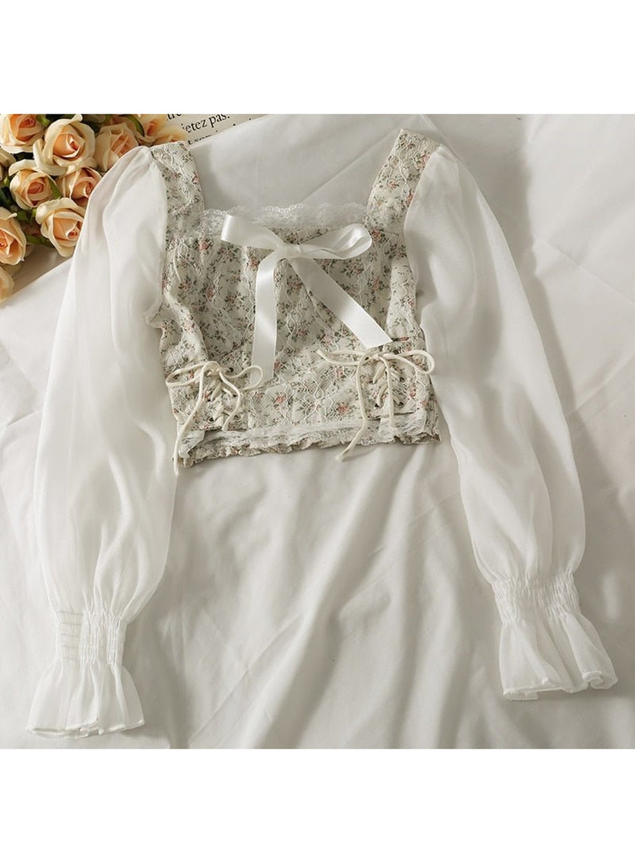 Y2k Square Collar Lace Blouse