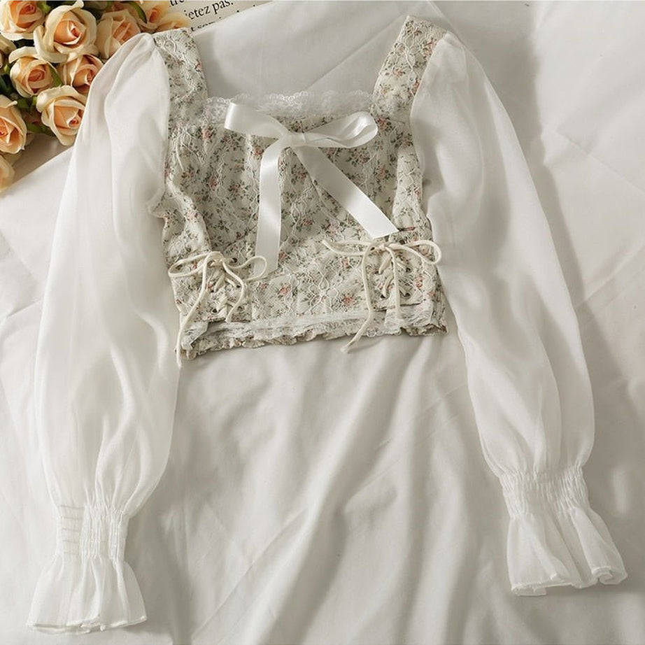 Y2k Square Collar Lace Blouse
