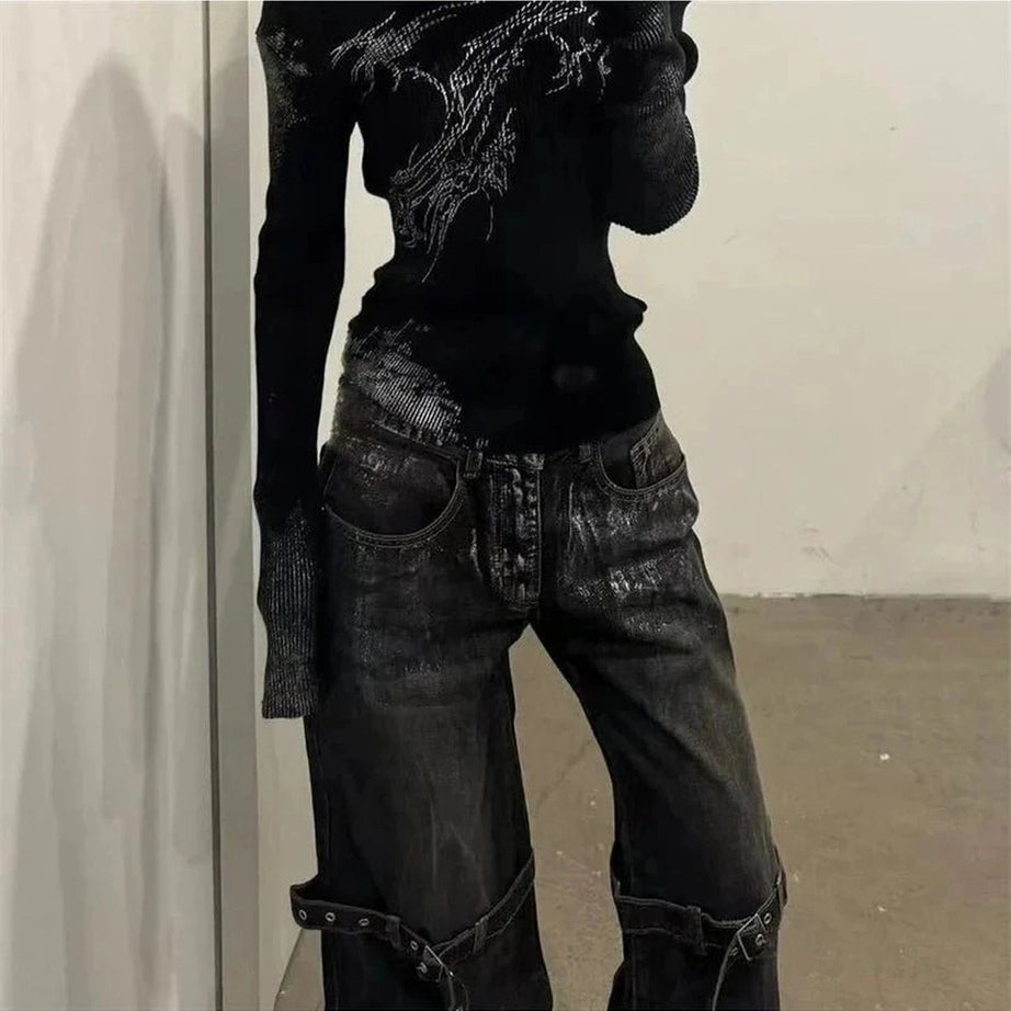 Y2k Strap Design Rock Style Jeans