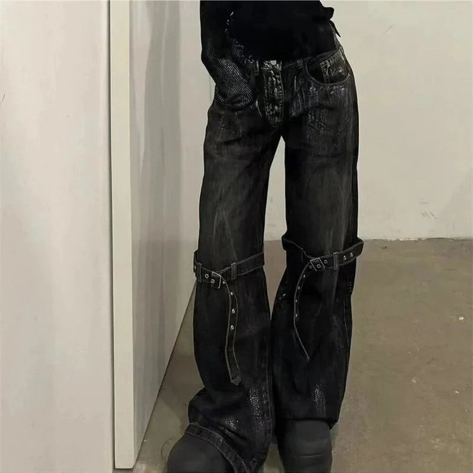 Y2k Strap Design Rock Style Jeans