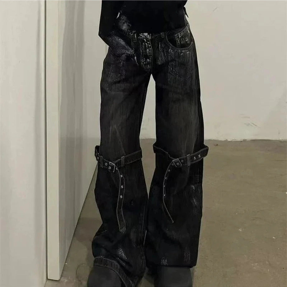 Y2k Strap Design Rock Style Jeans