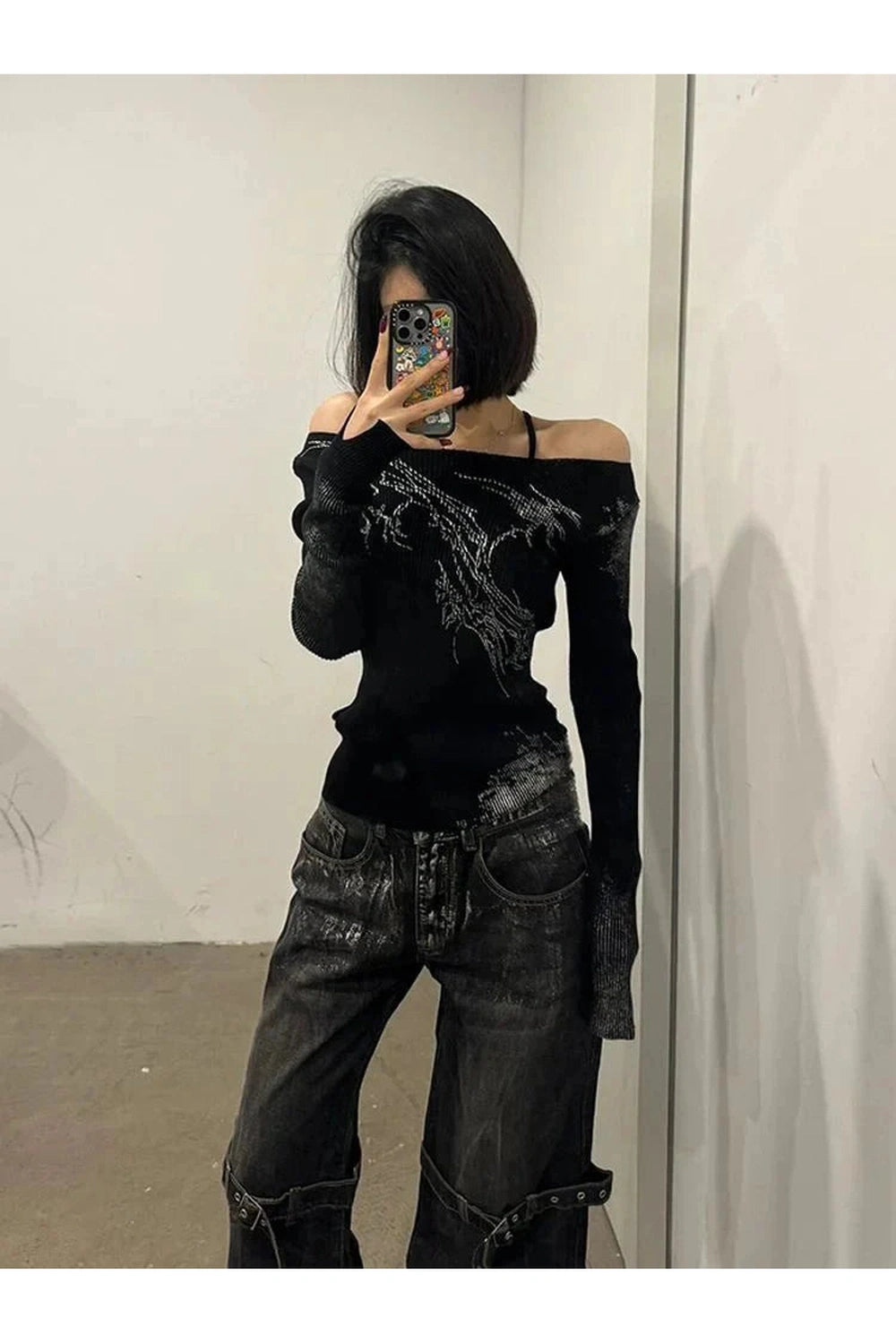 Y2k Strap Design Rock Style Jeans