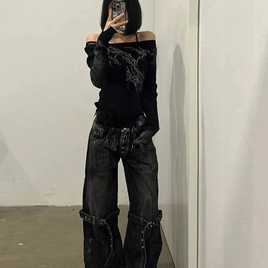 Y2k Strap Design Rock Style Jeans