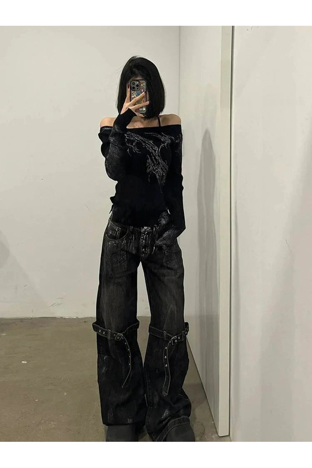 Y2k Strap Design Rock Style Jeans