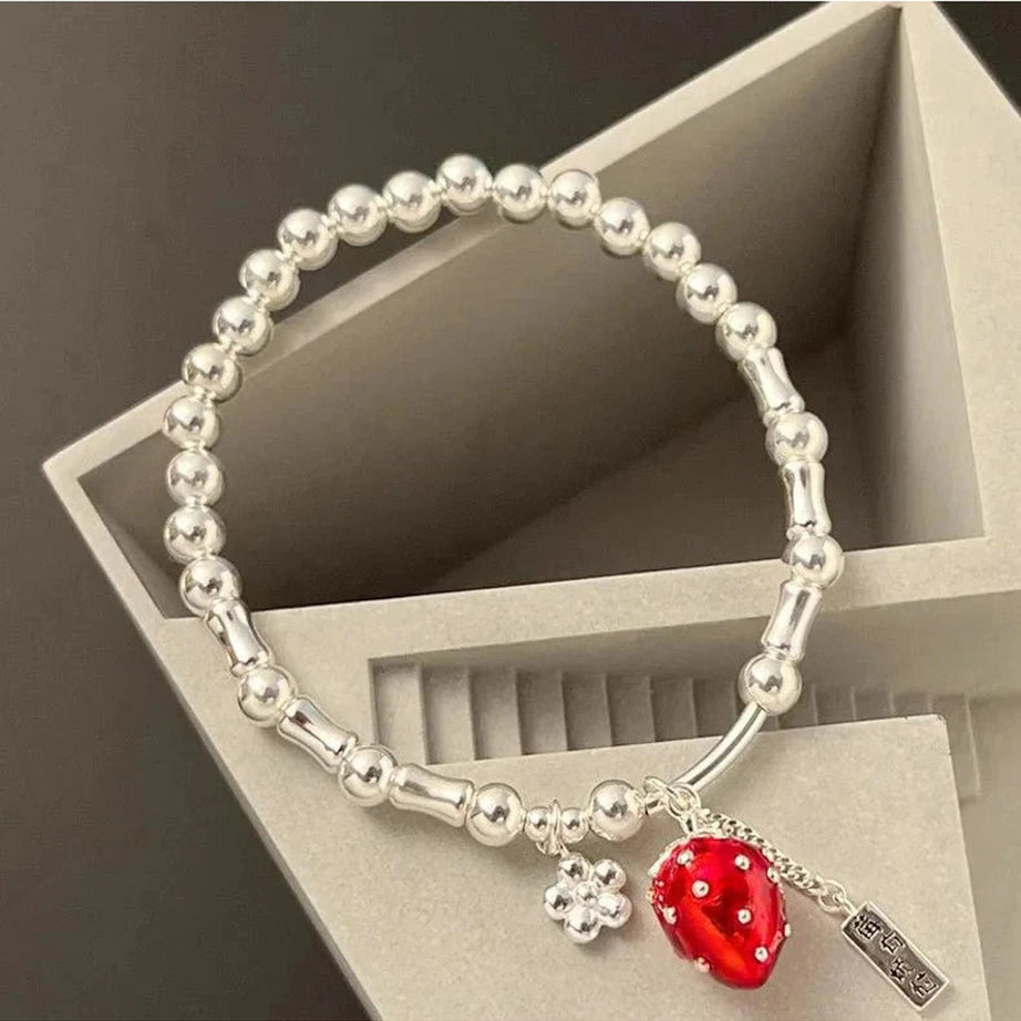 Y2k Strawberry Charm Silver Bracelet