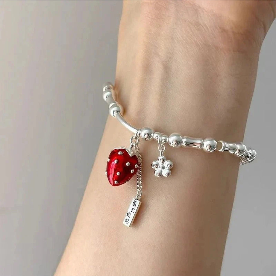 Y2k Strawberry Charm Silver Bracelet