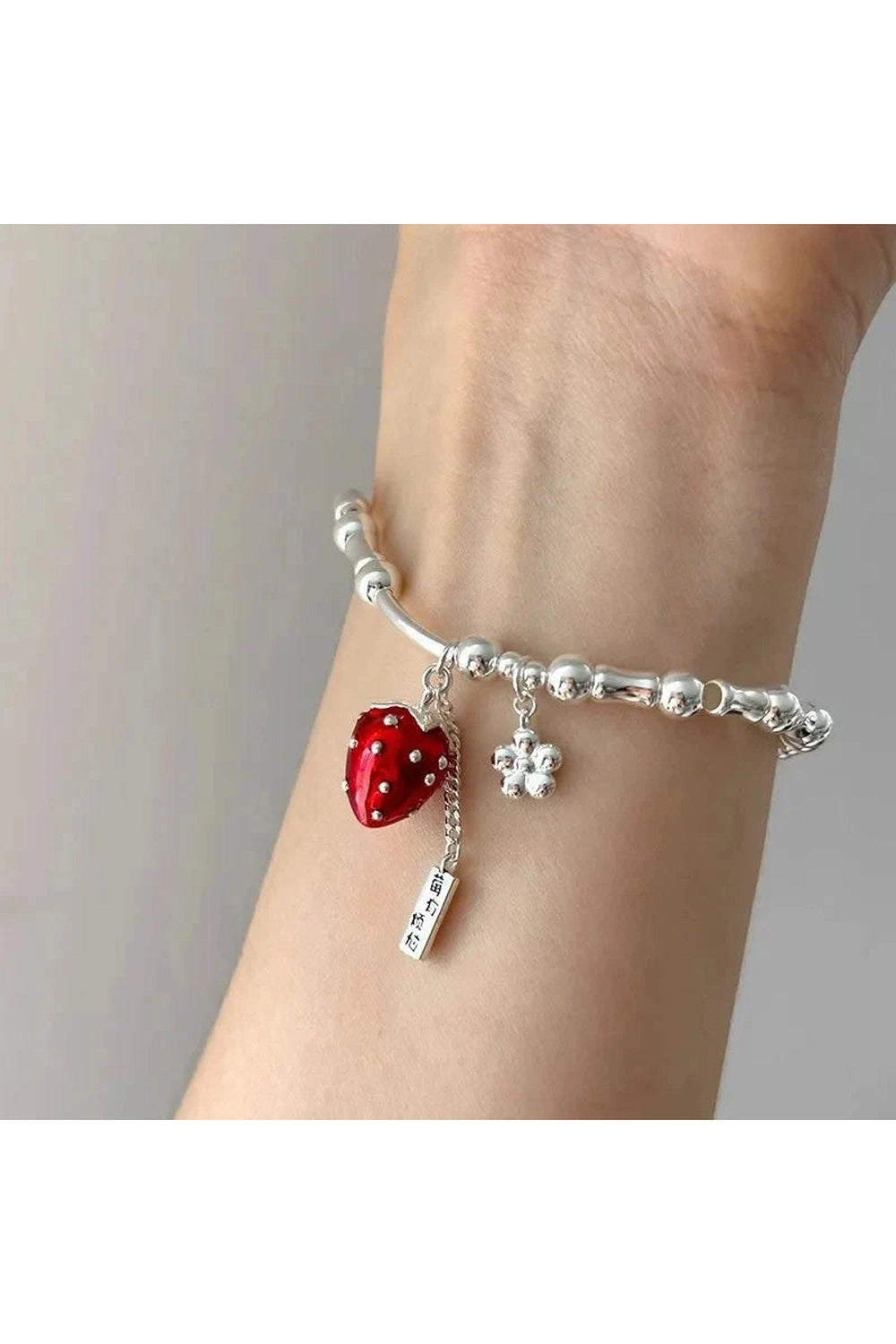Y2k Strawberry Charm Silver Bracelet