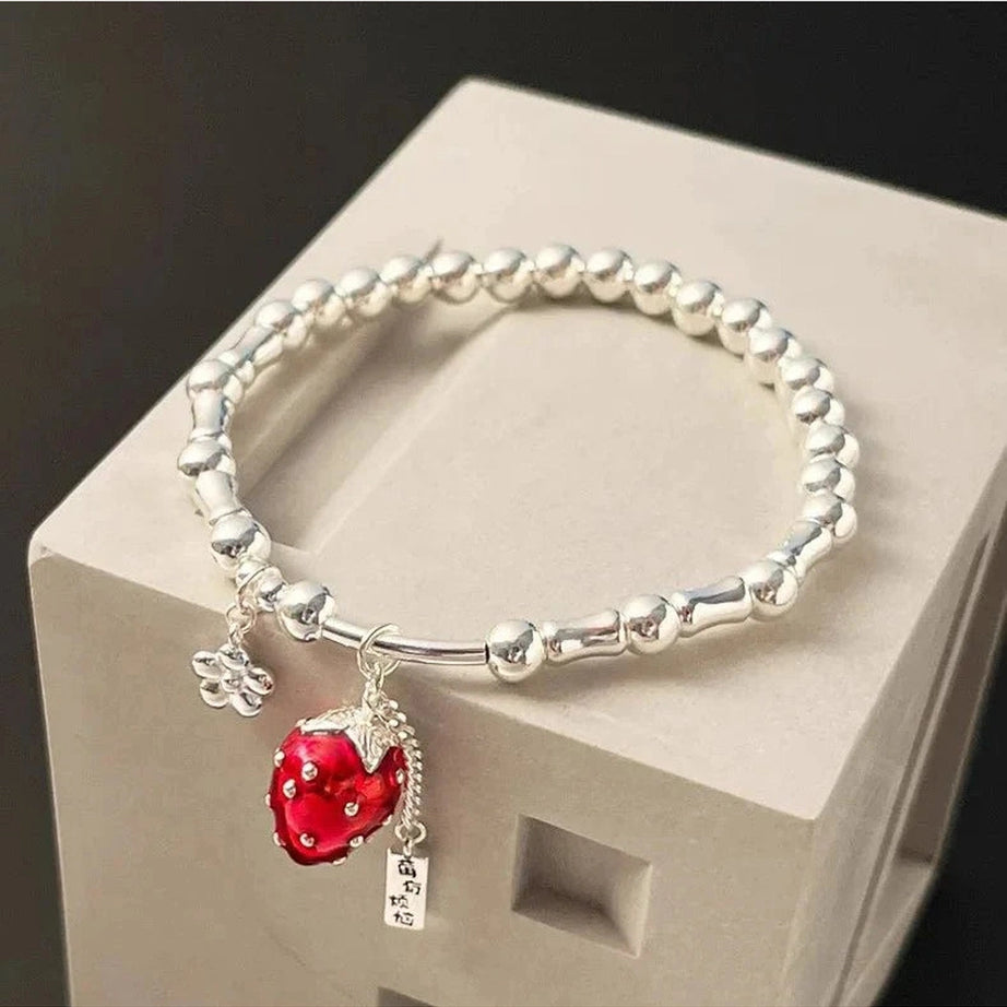 Y2k Strawberry Charm Silver Bracelet