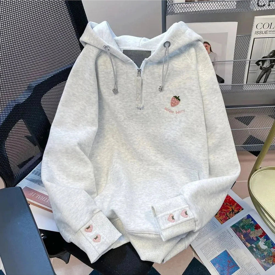 Y2k Strawberry Embroidered Half-Zip Hoodie