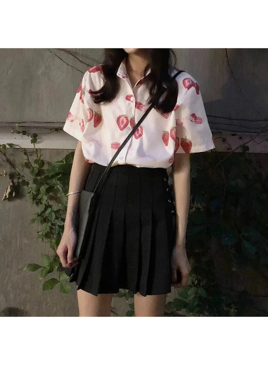 Y2k Strawberry Print Casual Shirt