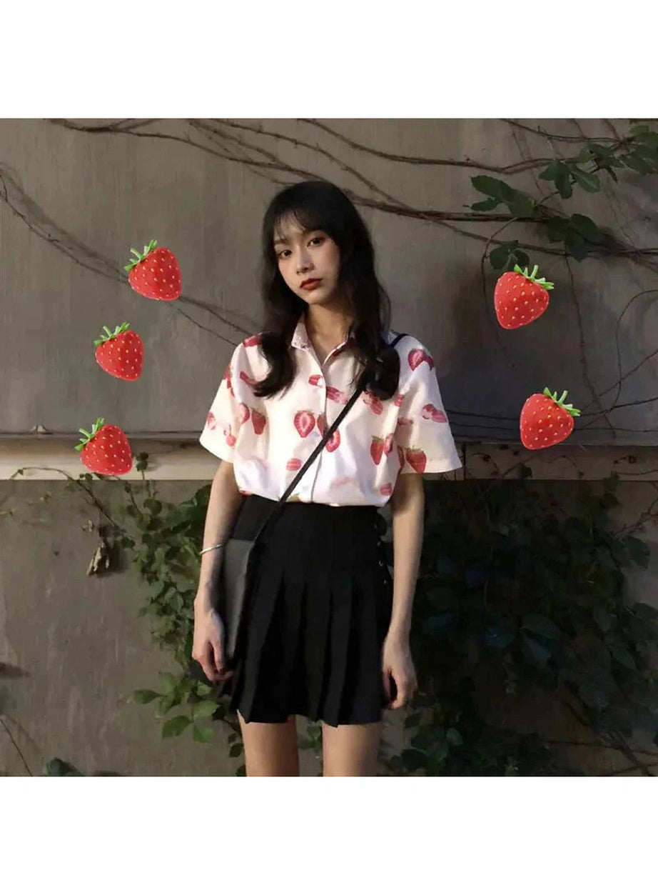 Y2k Strawberry Print Casual Shirt