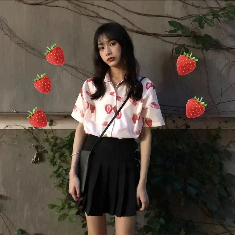 Y2k Strawberry Print Casual Shirt