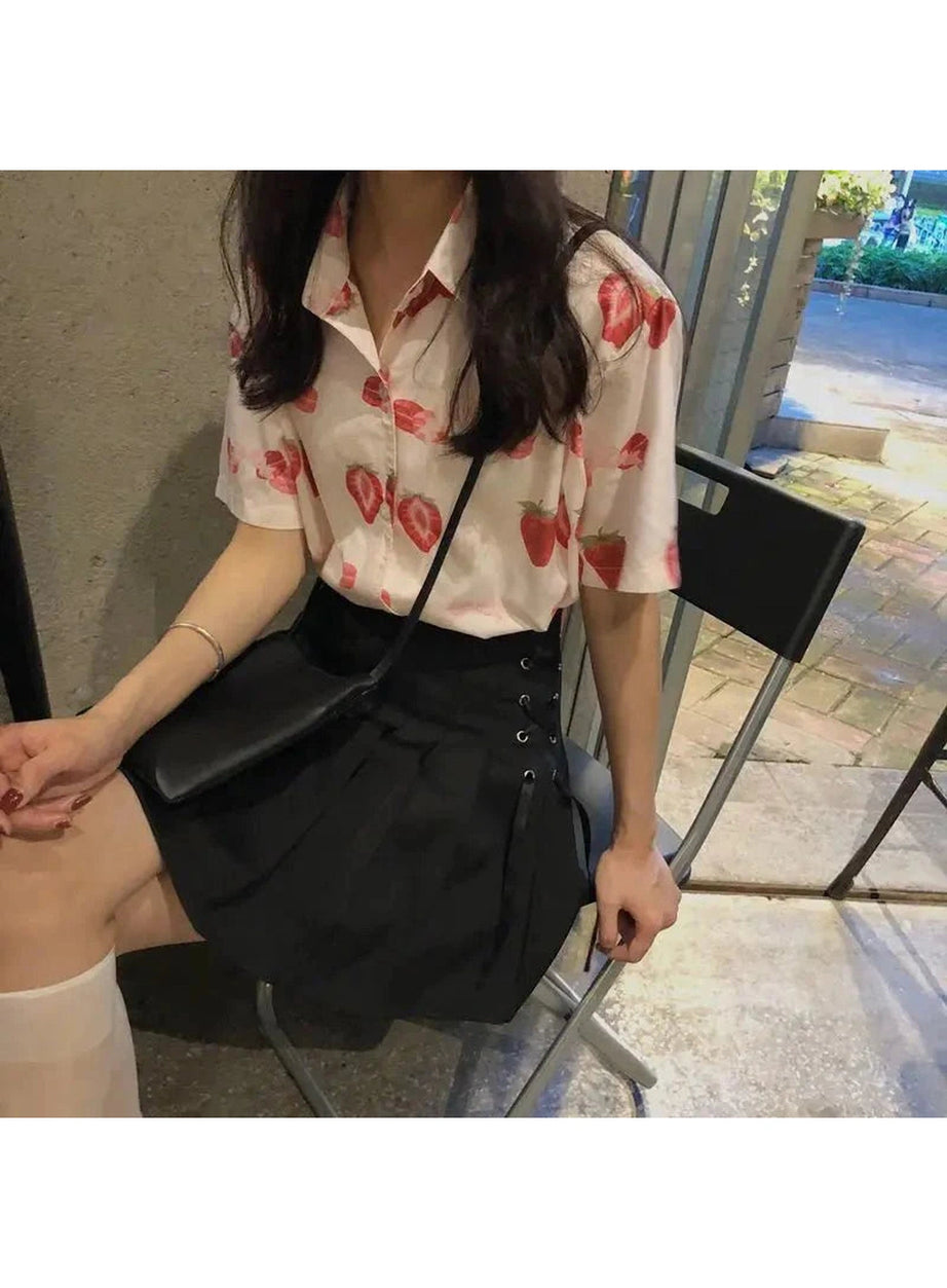 Y2k Strawberry Print Casual Shirt