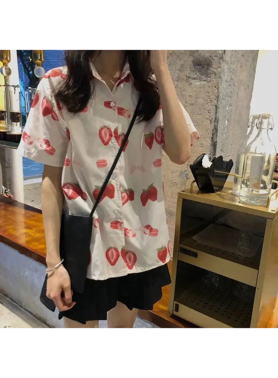 Y2k Strawberry Print Casual Shirt