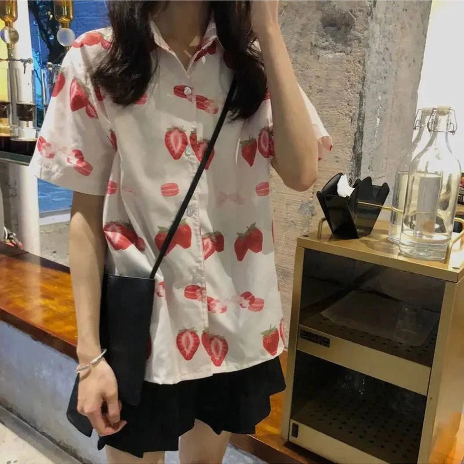 Y2k Strawberry Print Casual Shirt