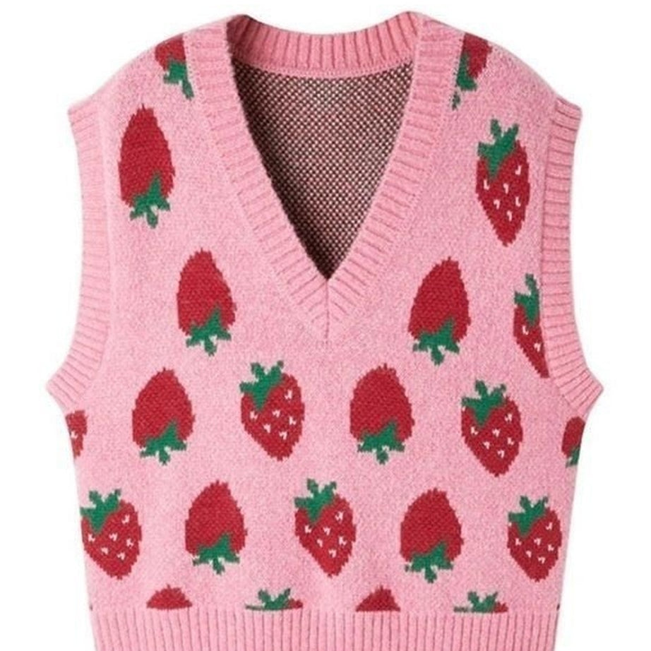 Y2k Strawberry Print Sweater Vest