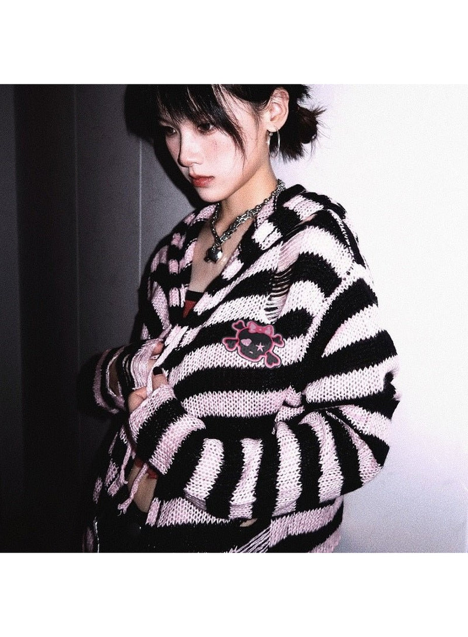 Y2k Striped Emo Skull Hoodie