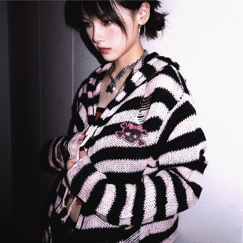 Y2k Striped Emo Skull Hoodie
