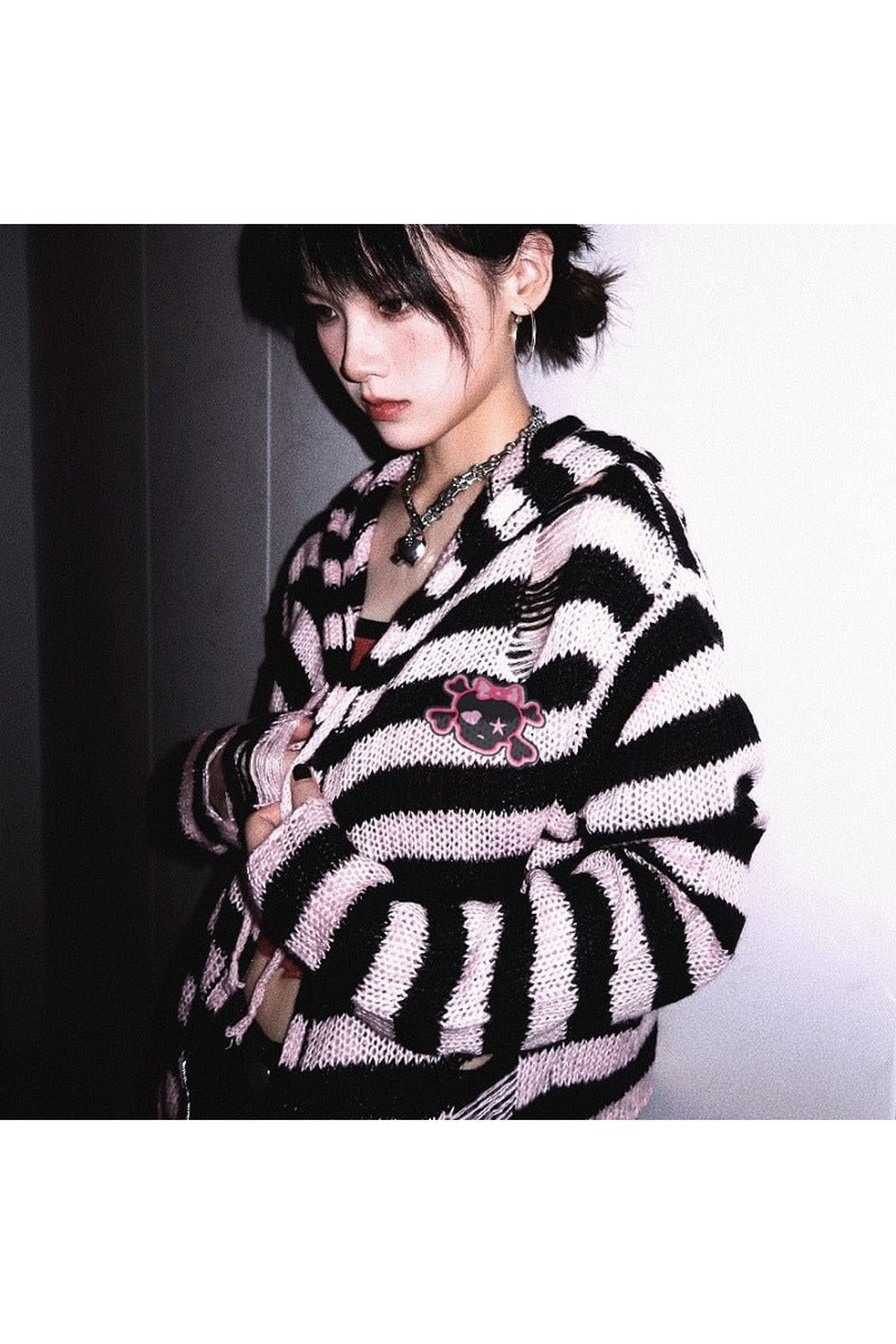 Y2k Striped Emo Skull Hoodie