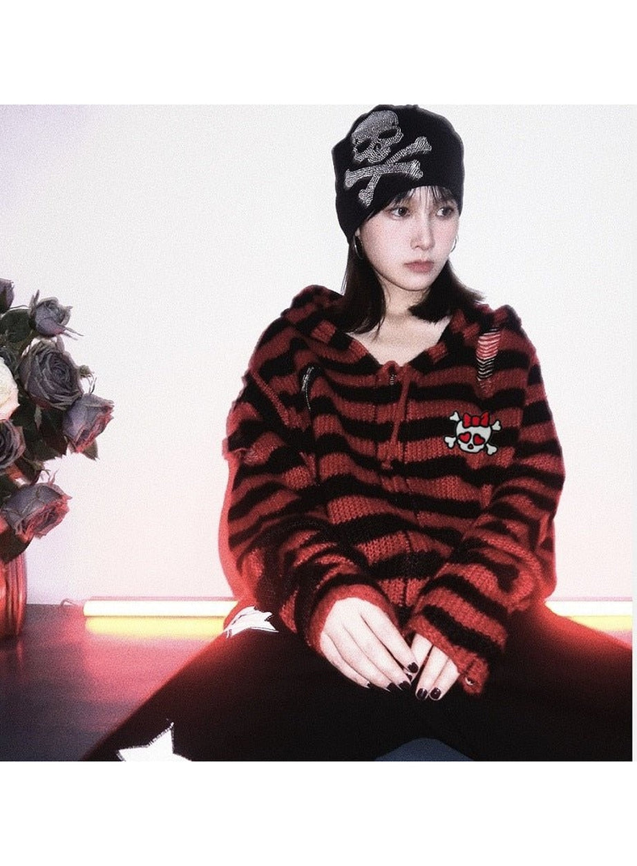 Y2k Striped Emo Skull Hoodie