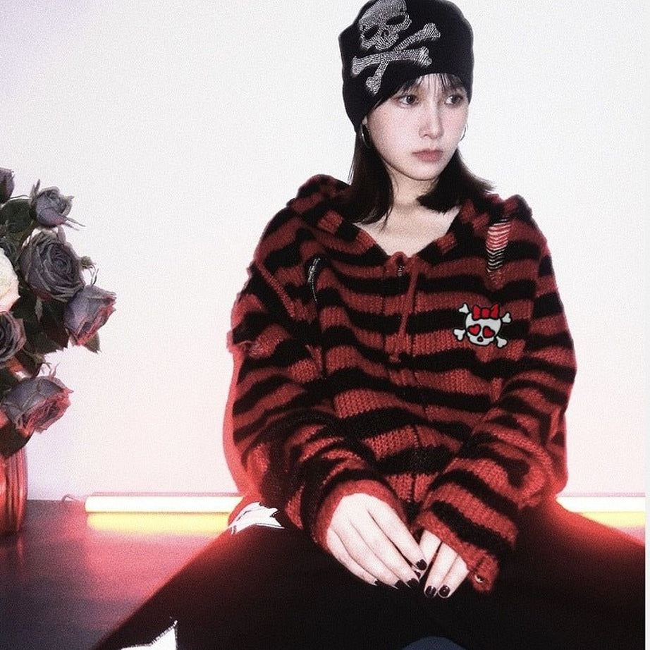Y2k Striped Emo Skull Hoodie