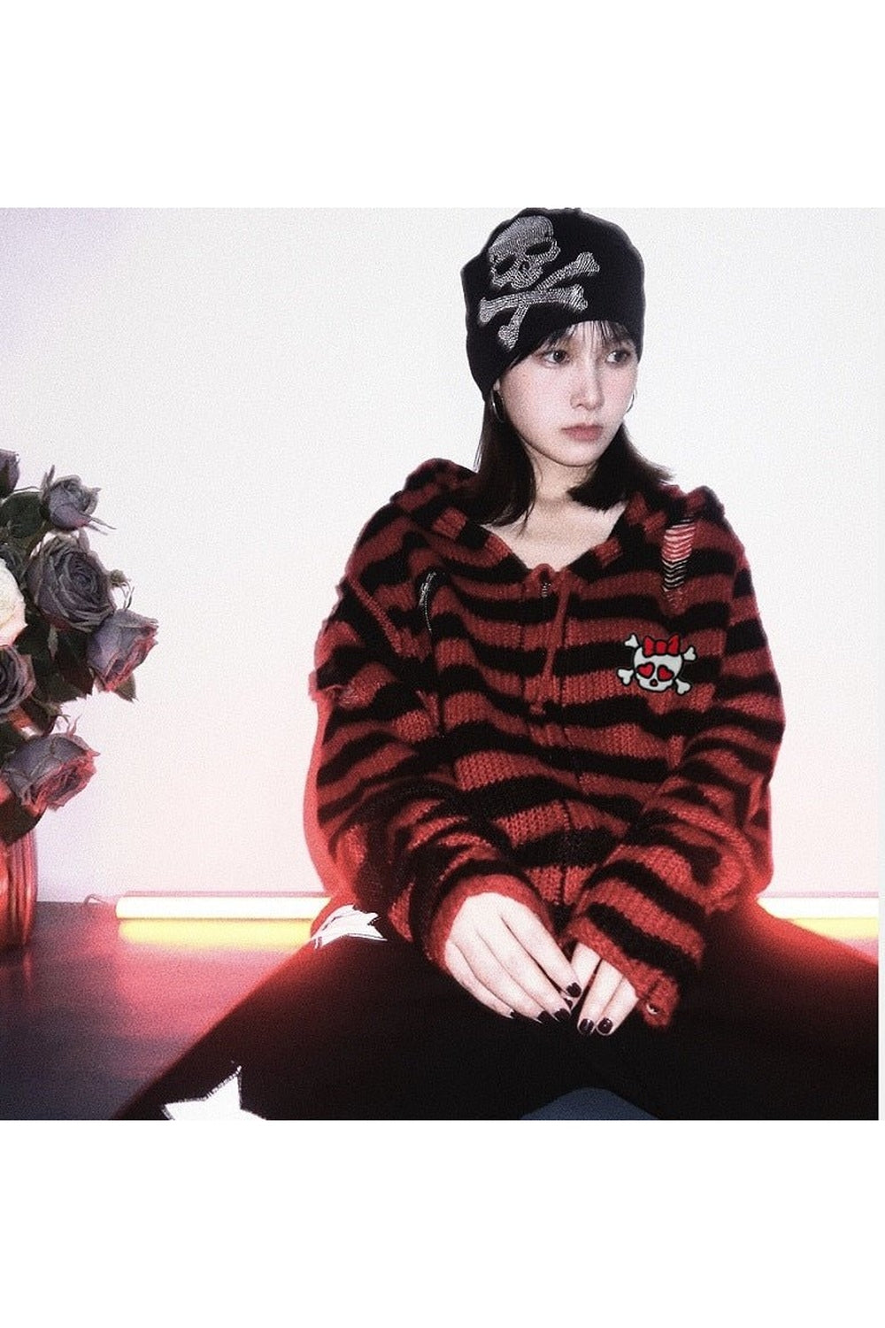 Y2k Striped Emo Skull Hoodie