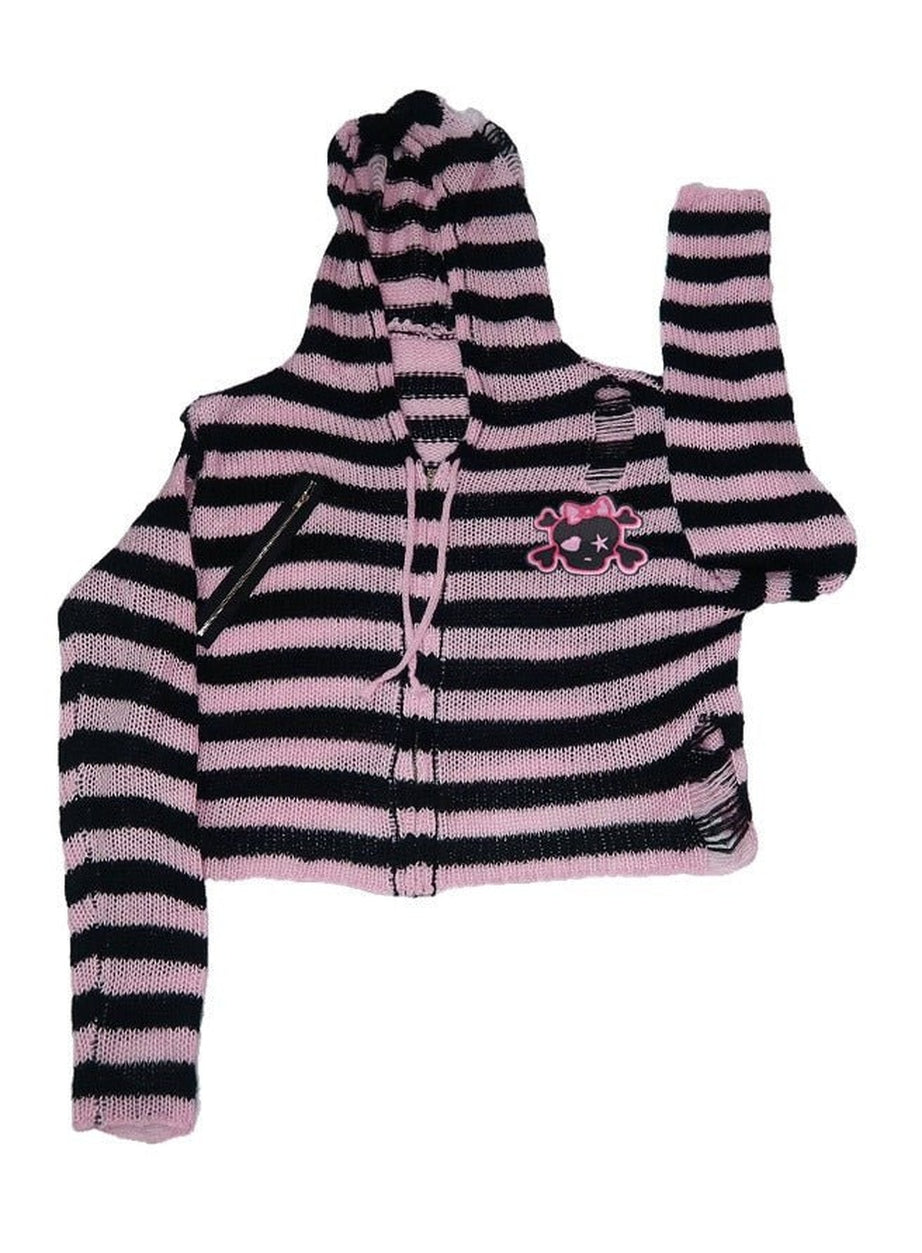 Y2k Striped Emo Skull Hoodie