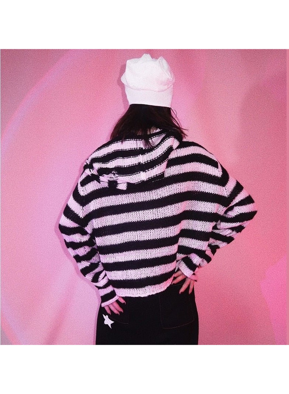 Y2k Striped Emo Skull Hoodie