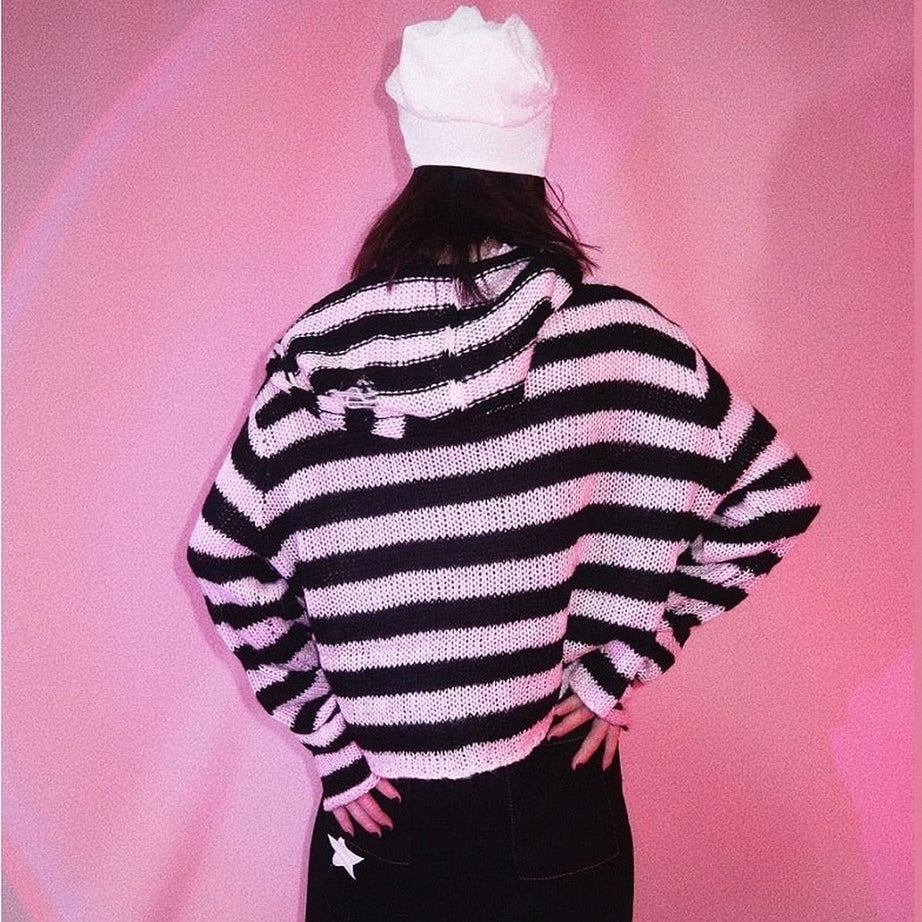 Y2k Striped Emo Skull Hoodie