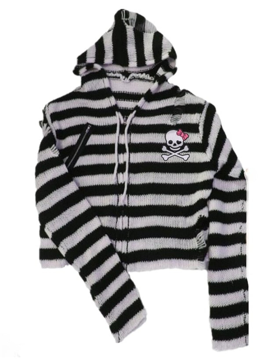 Y2k Striped Emo Skull Hoodie