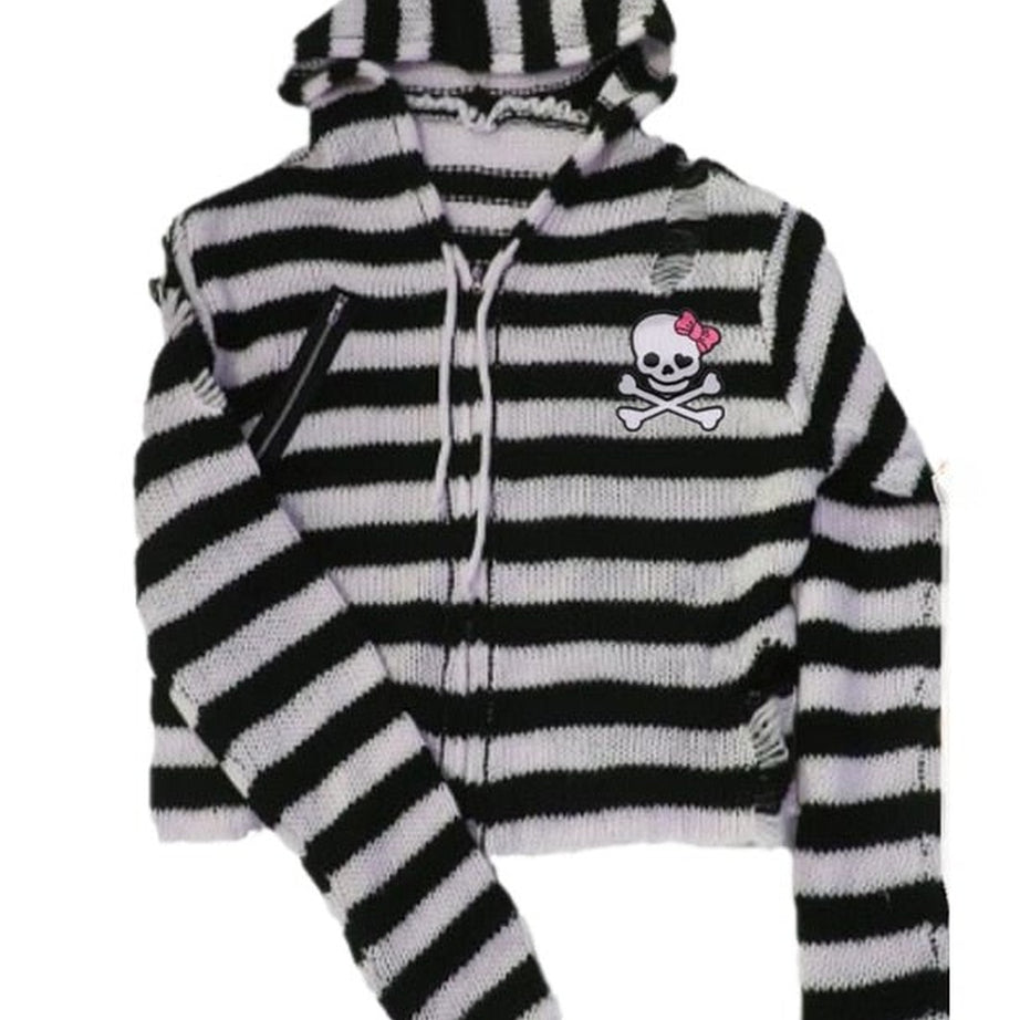 Y2k Striped Emo Skull Hoodie