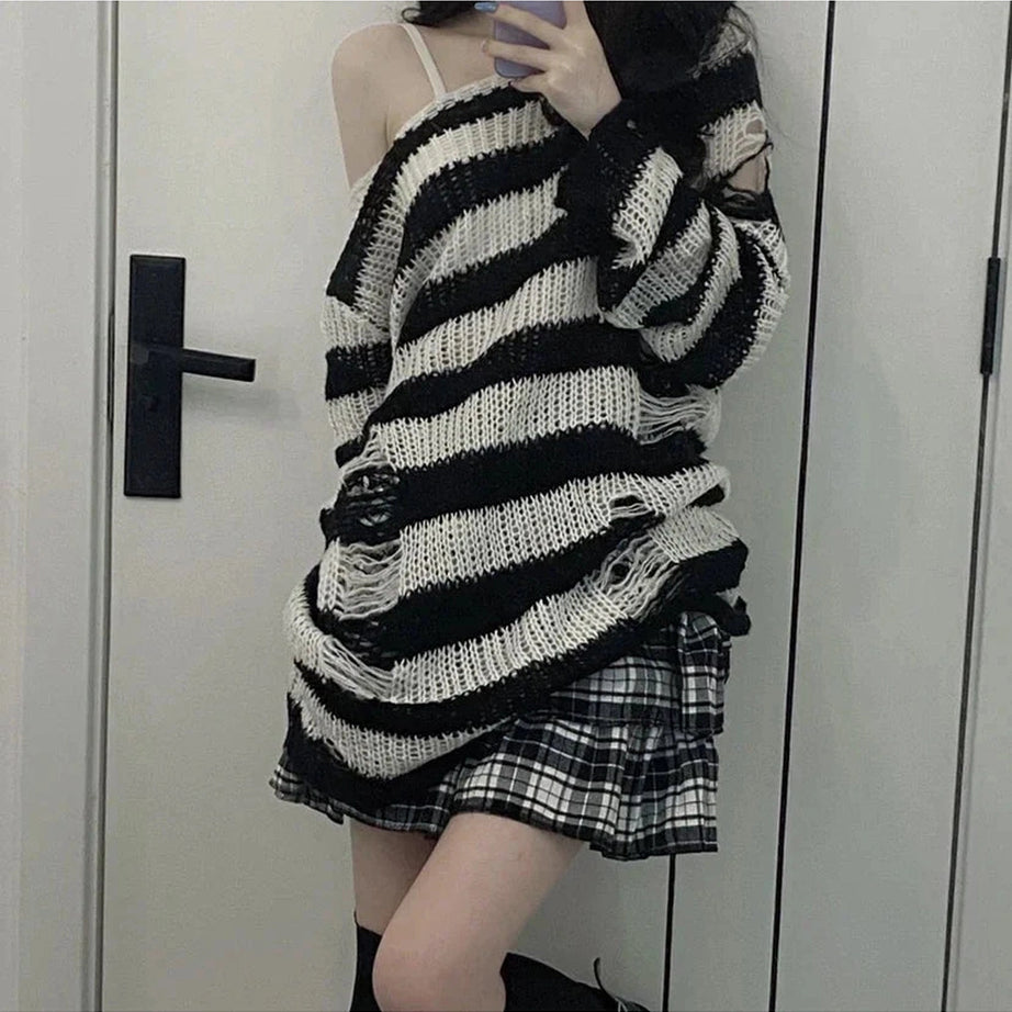 Y2k Striped Grunge Distressed Sweater