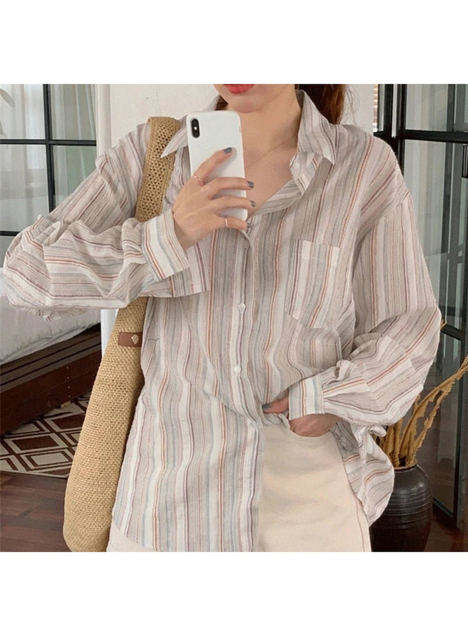Y2k Striped Long Sleeve Casual Blouse