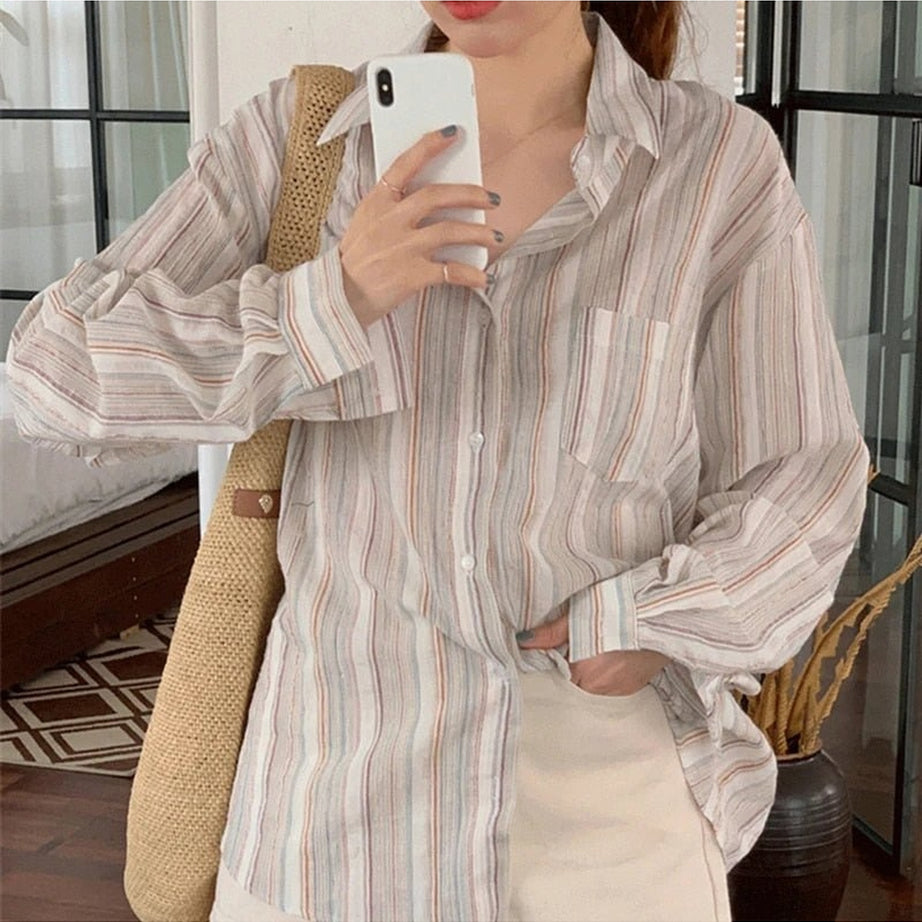 Y2k Striped Long Sleeve Casual Blouse