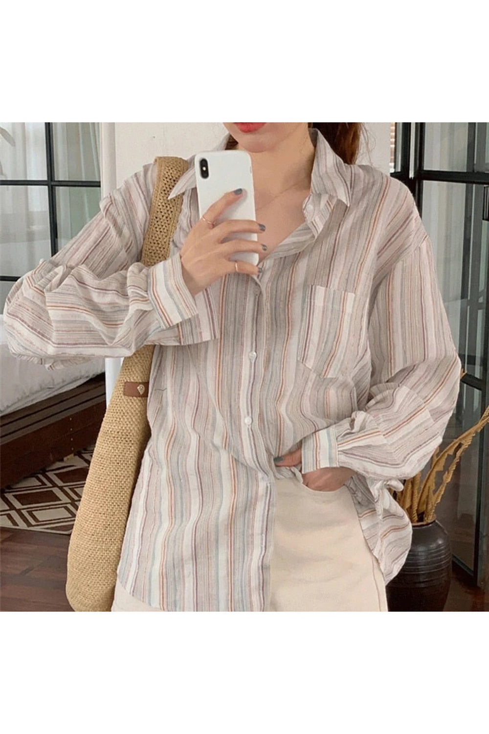 Y2k Striped Long Sleeve Casual Blouse