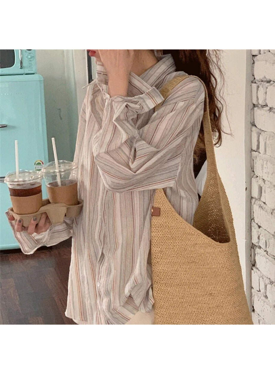 Y2k Striped Long Sleeve Casual Blouse