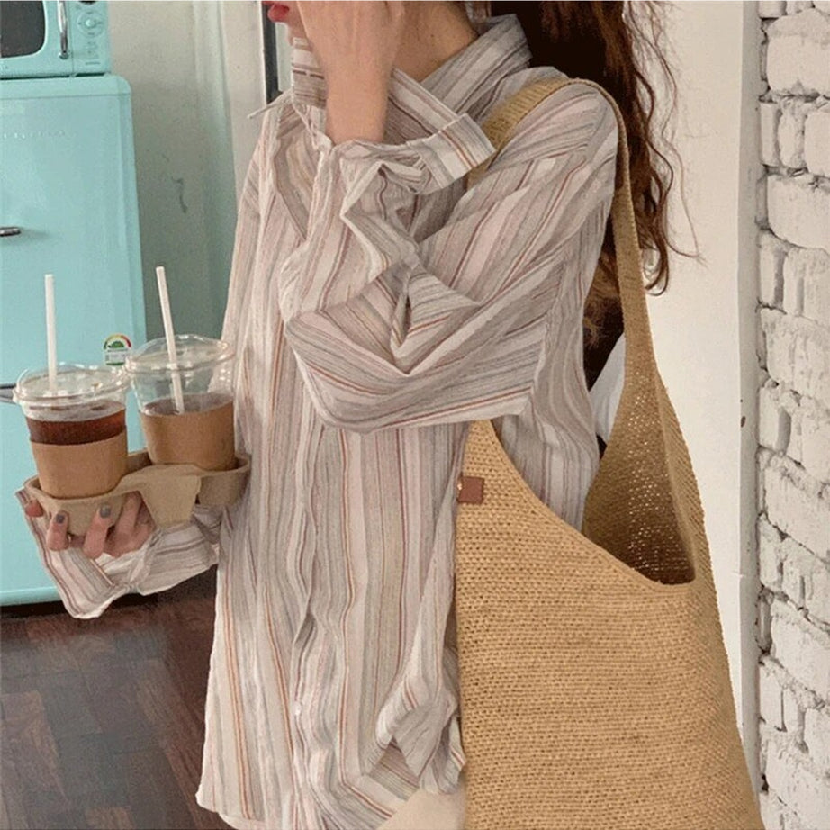 Y2k Striped Long Sleeve Casual Blouse