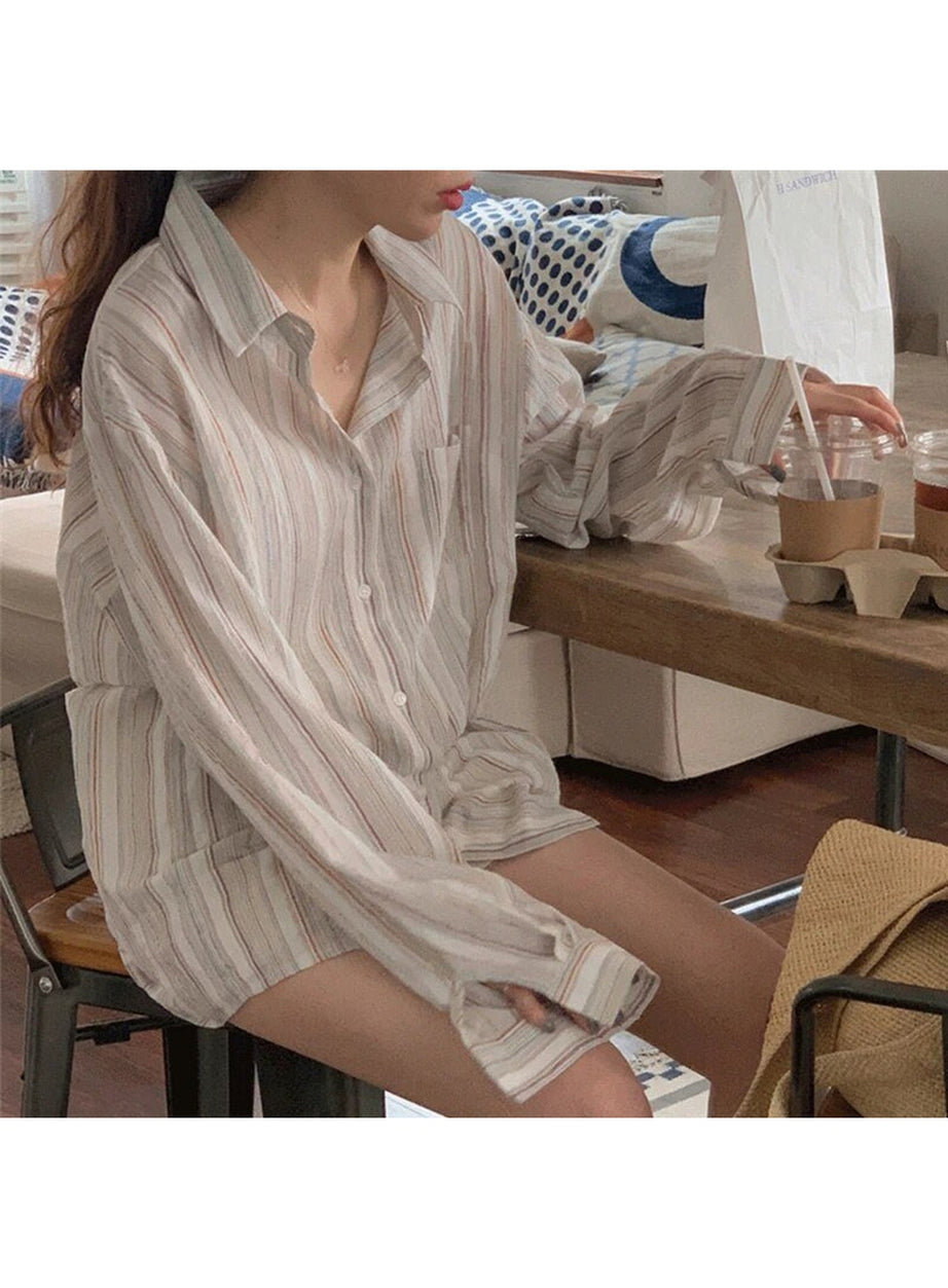 Y2k Striped Long Sleeve Casual Blouse