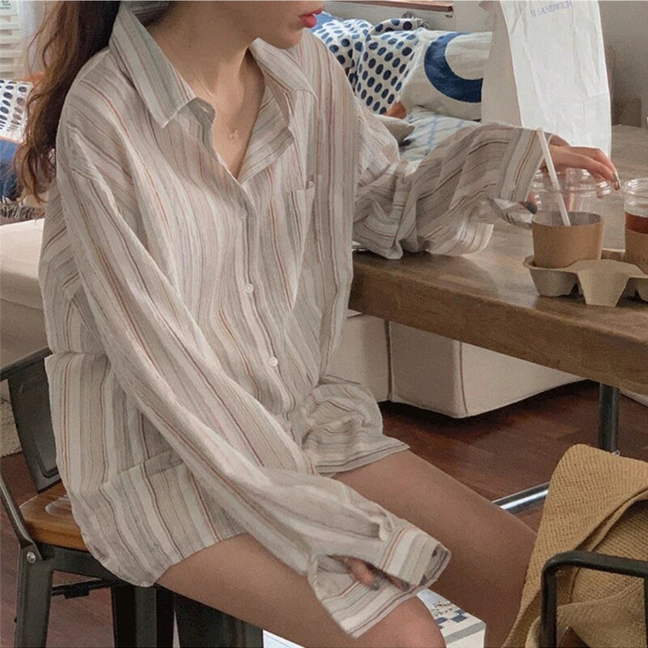 Y2k Striped Long Sleeve Casual Blouse