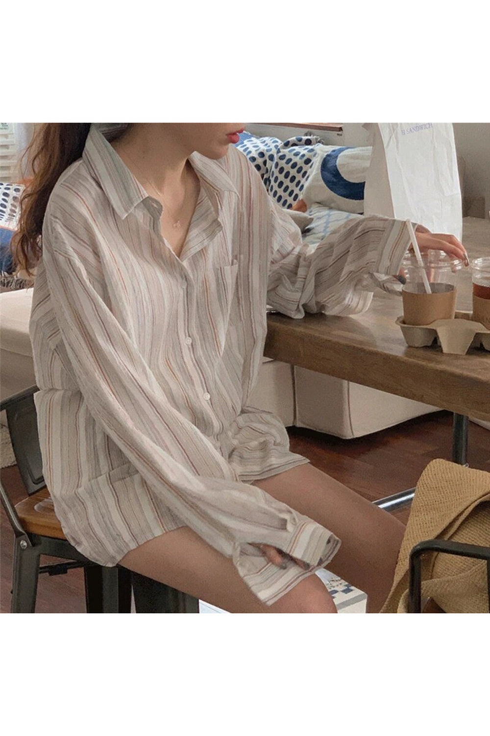 Y2k Striped Long Sleeve Casual Blouse