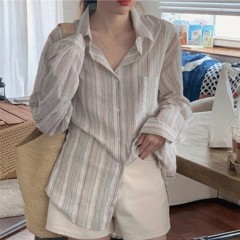 Y2k Striped Long Sleeve Casual Blouse