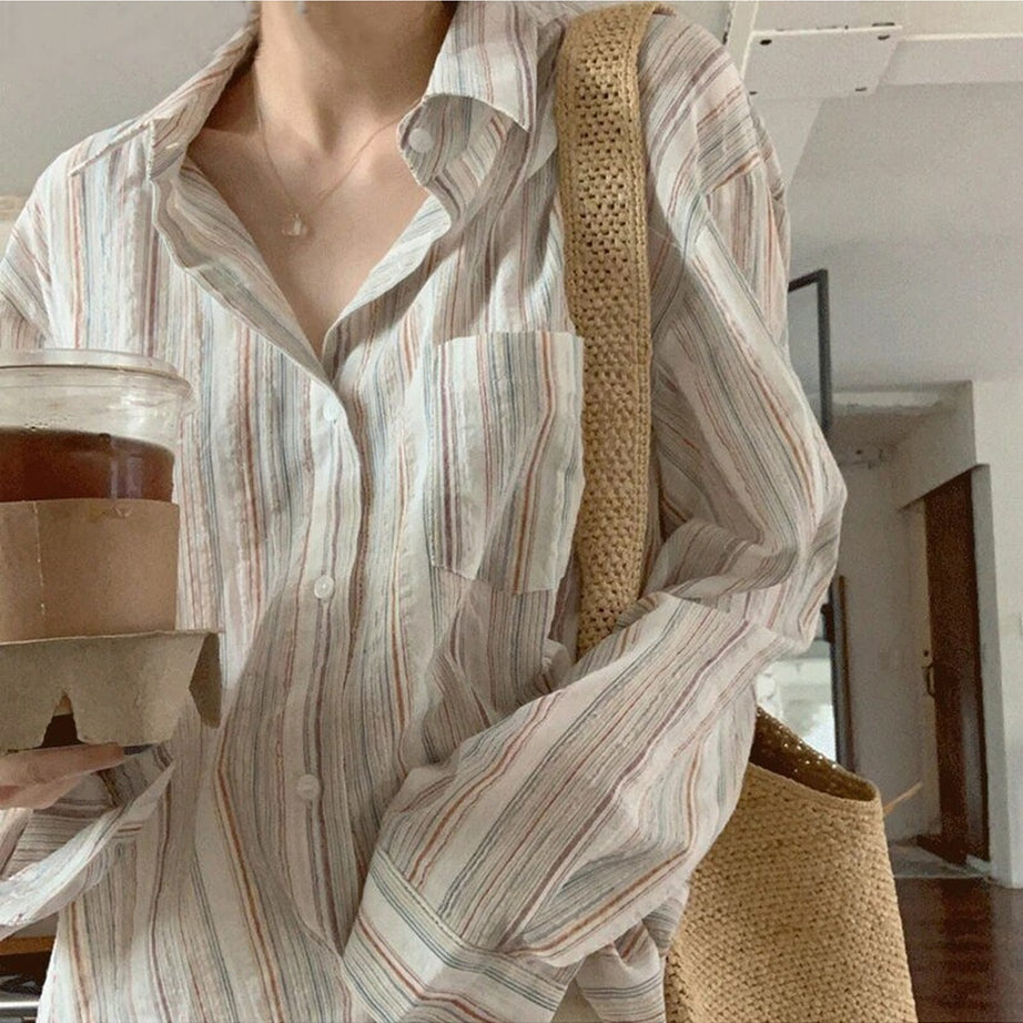 Y2k Striped Long Sleeve Casual Blouse