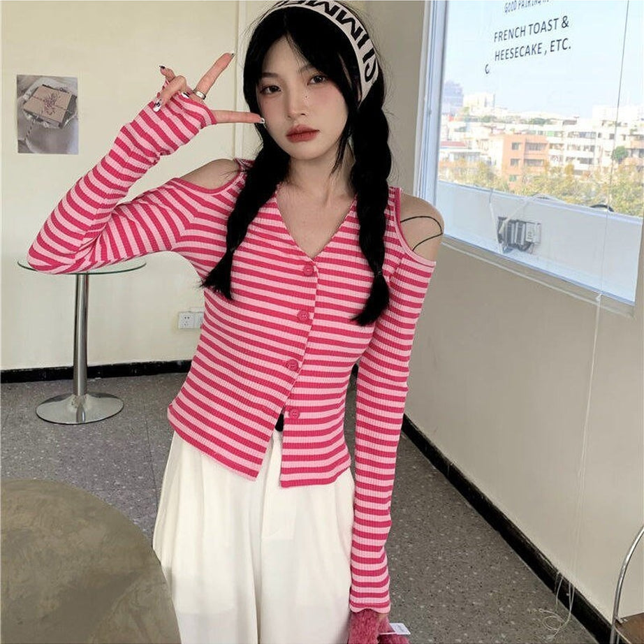 Y2k Striped Off-Shoulder Knitwear Cardigan