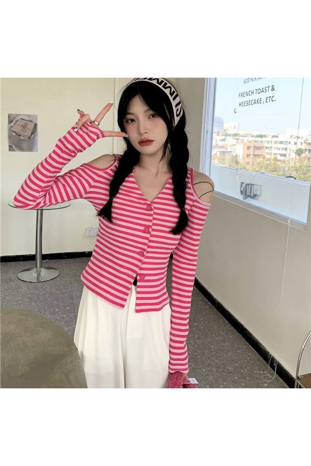 Y2k Striped Off-Shoulder Knitwear Cardigan