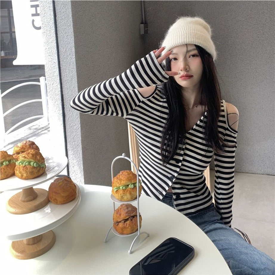 Y2k Striped Off-Shoulder Knitwear Cardigan