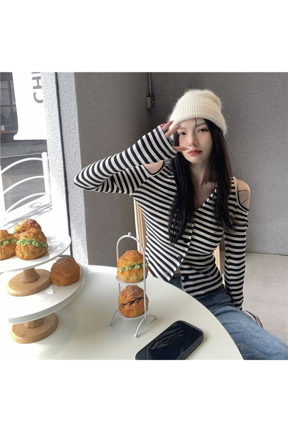 Y2k Striped Off-Shoulder Knitwear Cardigan