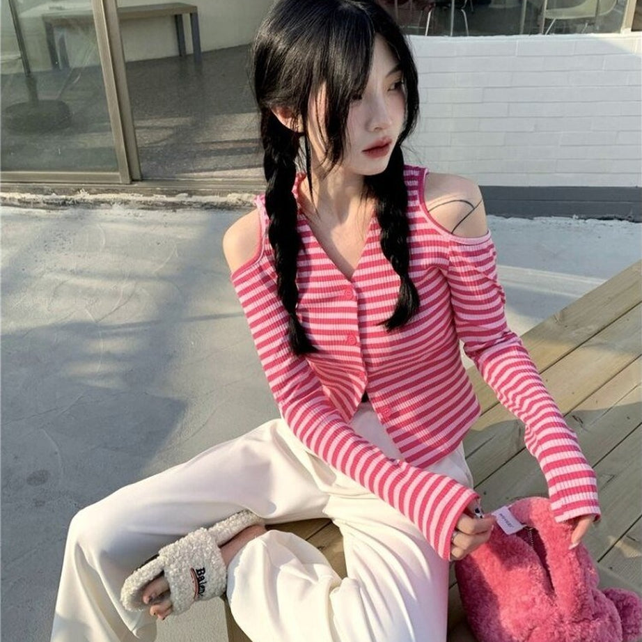 Y2k Striped Off-Shoulder Knitwear Cardigan