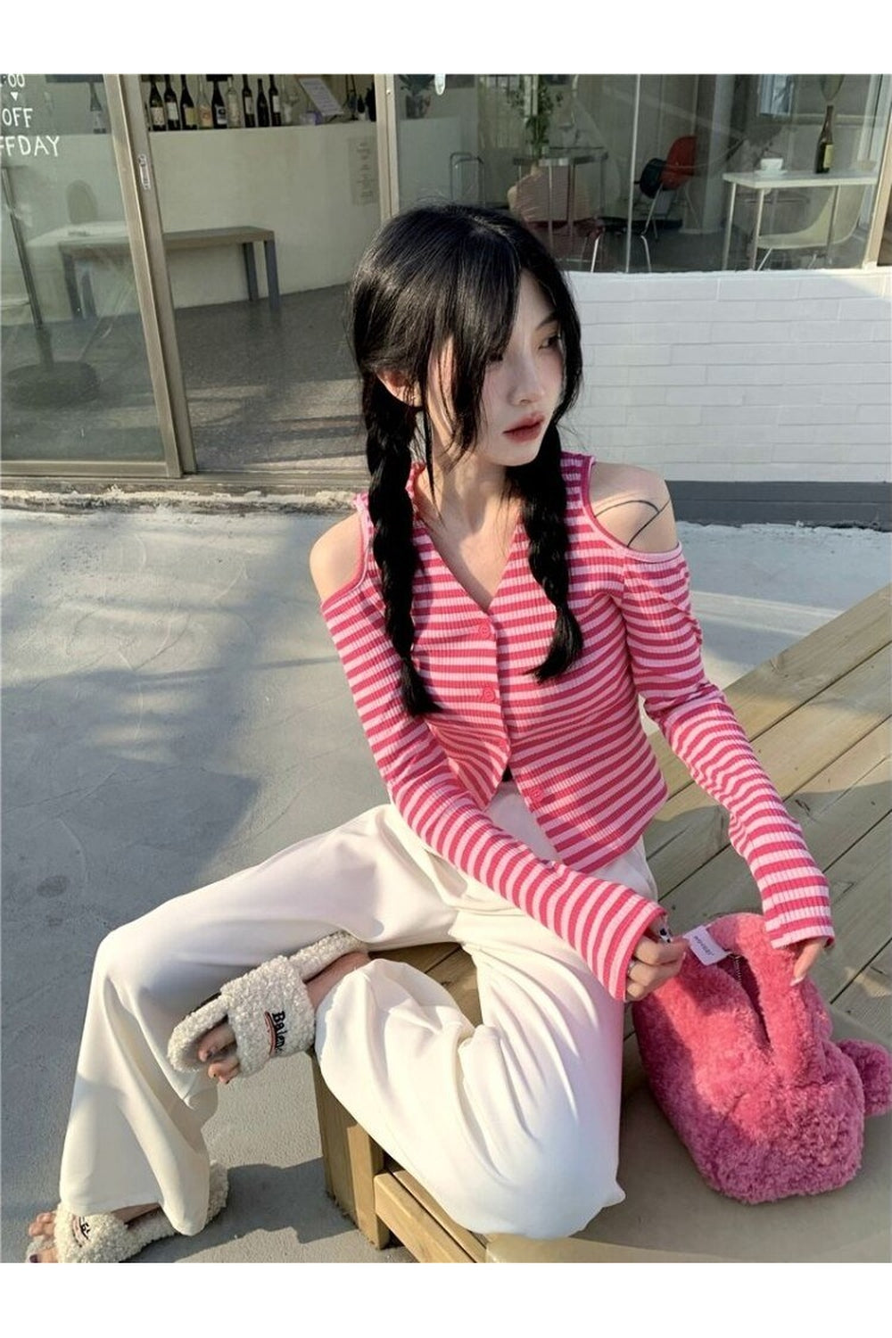 Y2k Striped Off-Shoulder Knitwear Cardigan